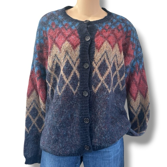 Elsamanda x Anthropologie Women's Mohair Alpaca Blend Argyle Cardigan Sweater L - Picture 2 of 6